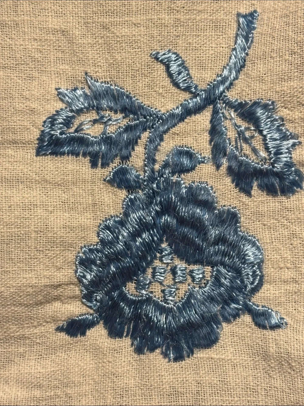 Hand Embroidered Linen Dresser or Table Runner with Blue Rose Motif